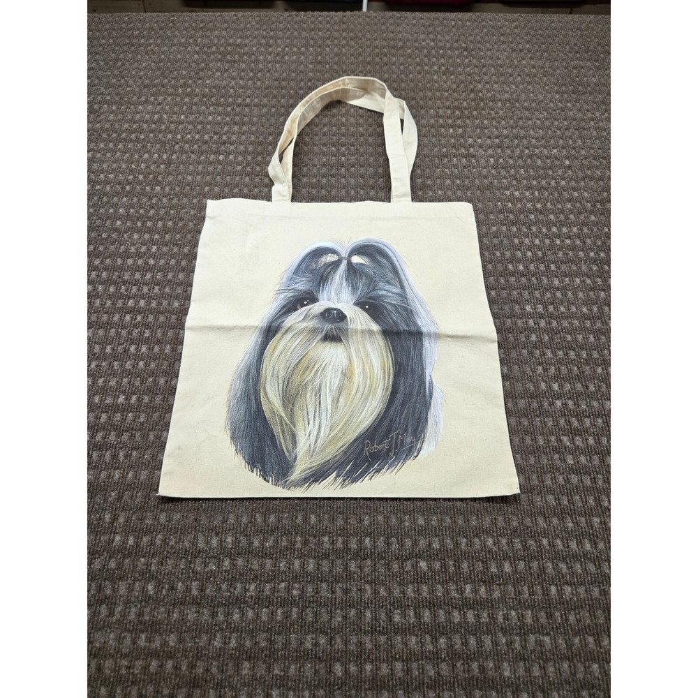 Robert J May Shih Tzu Dog Portrait Canvas Tote Bag Cream Reusable Shopper